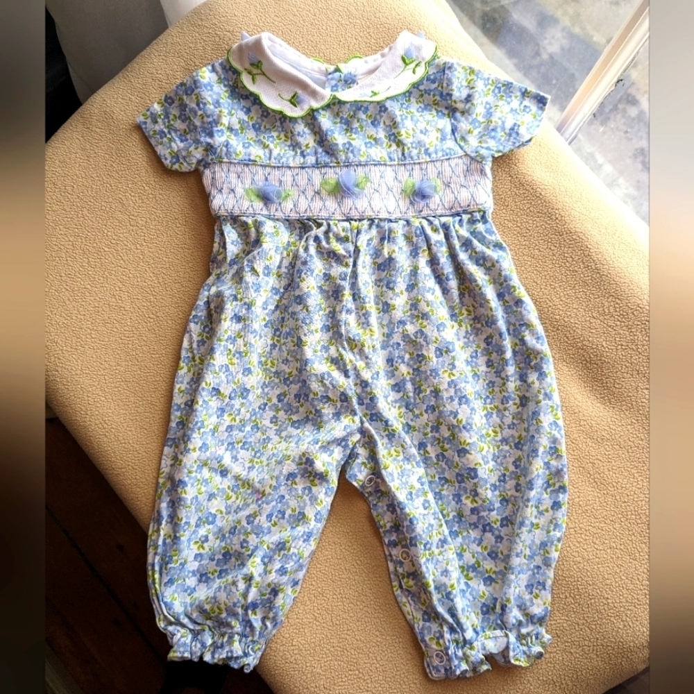 b.t. kids Easter spring romper vintage blue floral rosettes